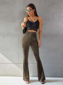 SHEIN EZwear Solid Flare Leg Velvet Pants - Mocha Brown - View 1