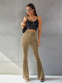 SHEIN EZwear Solid Flare Leg Velvet Pants - Khaki - View 1