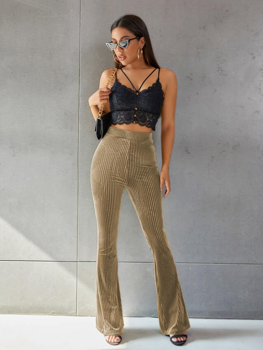 SHEIN EZwear Solid Flare Leg Velvet Pants - Khaki - View 1