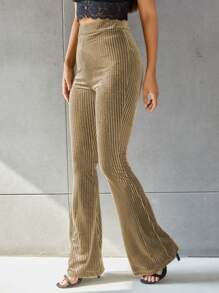SHEIN EZwear Solid Flare Leg Velvet Pants - Khaki - View 2
