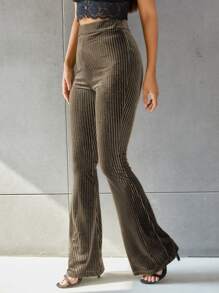 SHEIN EZwear Solid Flare Leg Velvet Pants - Mocha Brown - View 3