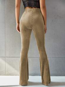 SHEIN EZwear Solid Flare Leg Velvet Pants - Khaki - View 4