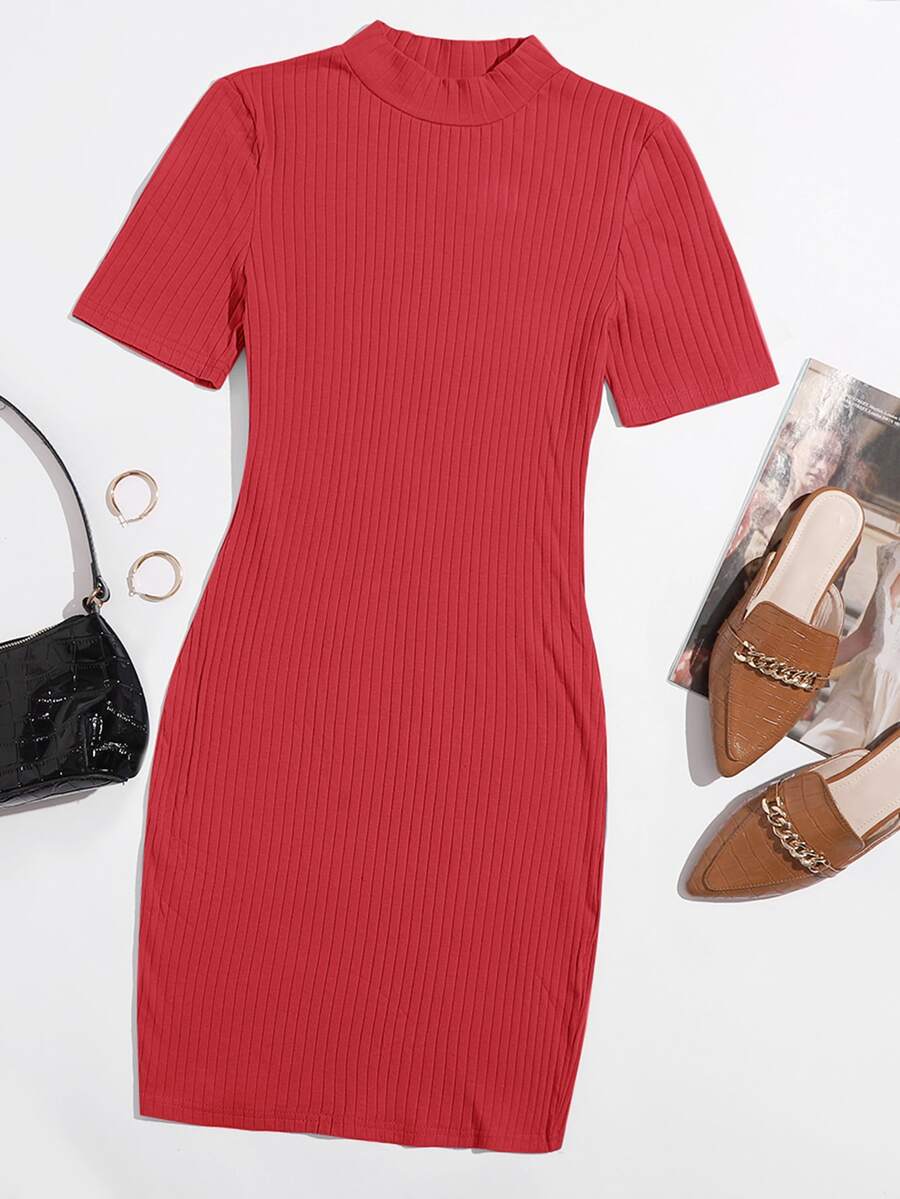SHEIN BASICS Vestido De Punto Ajustado Sólido - Rojo - Ver 1