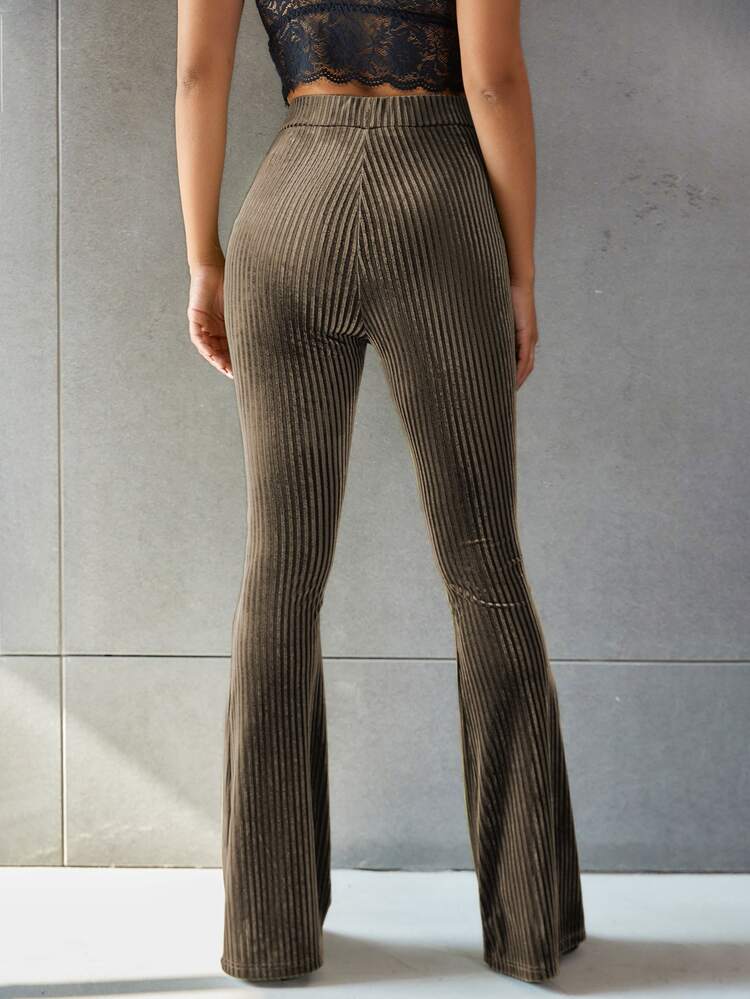 SHEIN EZwear Solid Flare Leg Velvet Pants - Mocha Brown - View 5