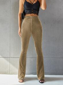 SHEIN EZwear Solid Flare Leg Velvet Pants - Khaki - View 6
