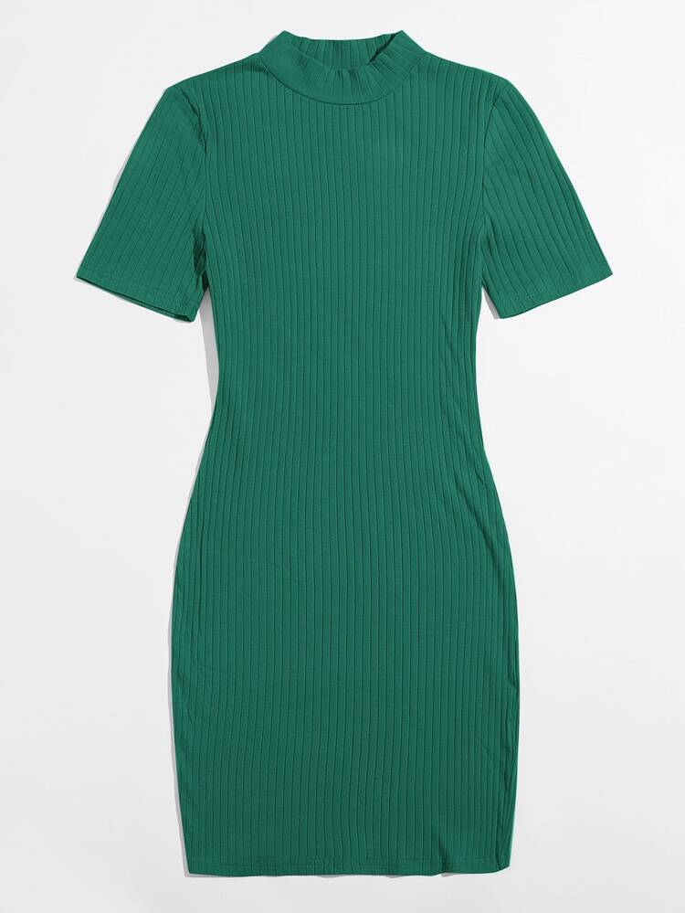 SHEIN BASICS Solid Rib-Knit Bodycon Dress - Green - View 3