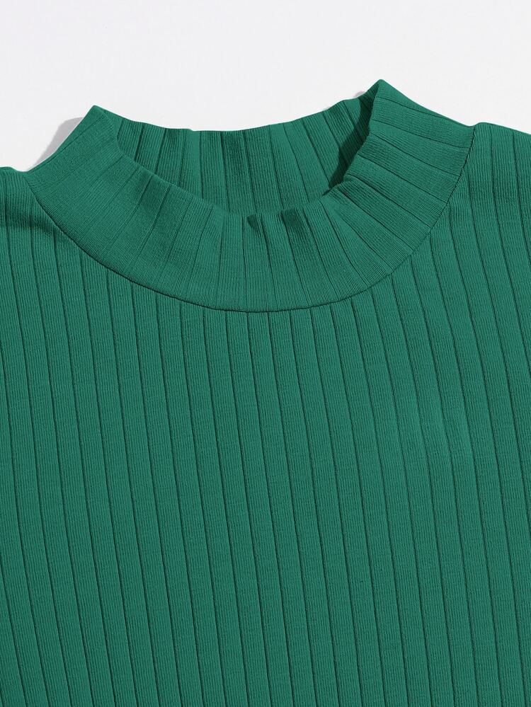 SHEIN BASICS Solid Rib-Knit Bodycon Dress - Green - View 5