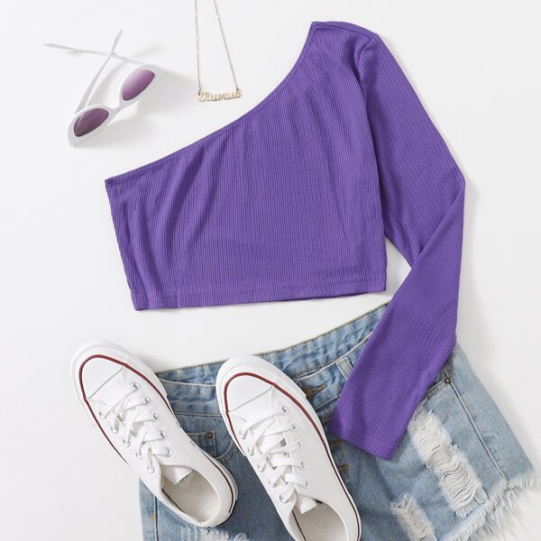 

One Shoulder Rib-knit Crop Tee, Violet purple