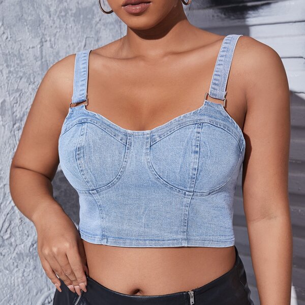 

Plus Crop Bustier Cami Denim Top, Light wash