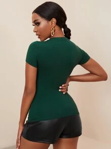 Slaydiva Áo thun trơn dáng ôm - Màu xanh lá cây đậm - Xem 3