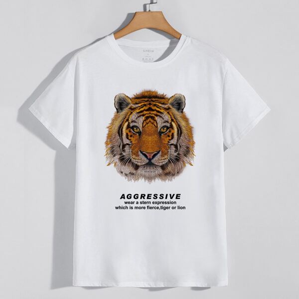 

Men Tiger & Slogan Print Round Neck Tee, White
