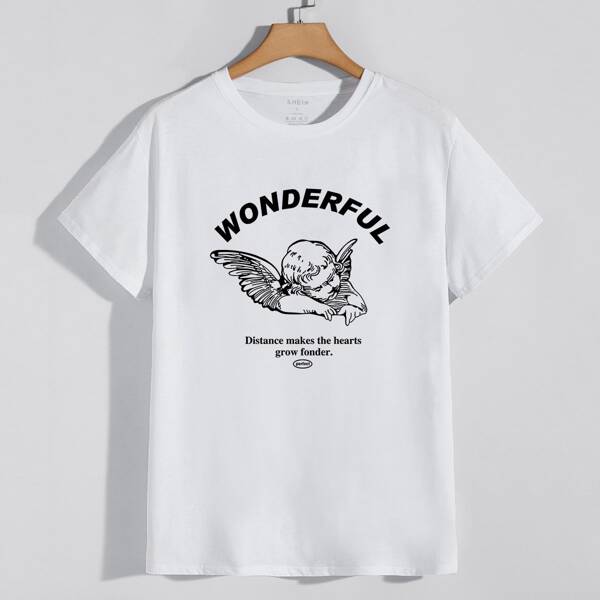 

Men Angle & Slogan Print Short Sleeve Tee, White