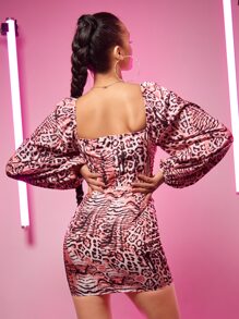 SHEIN SXY Leopard Print Lantern Sleeve Drawstring Ruched Dress - Multicolor - View 2