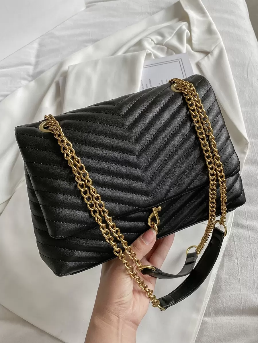 輕便商務休閒簡約金屬裝飾 V 字形翻蓋方形包適合青少年女孩女大學生、菜鳥和白領，非常適合辦公室、大學、工作、商務、通勤、戶外、旅行、郊遊 - 黑色 - 查看 1