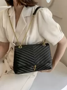 輕便商務休閒簡約金屬裝飾 V 字形翻蓋方形包適合青少年女孩女大學生、菜鳥和白領，非常適合辦公室、大學、工作、商務、通勤、戶外、旅行、郊遊 - 黑色 - 查看 5