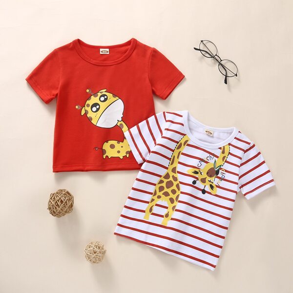 

Baby Boy 2pcs Giraffe And Striped Print Tee, Red and white