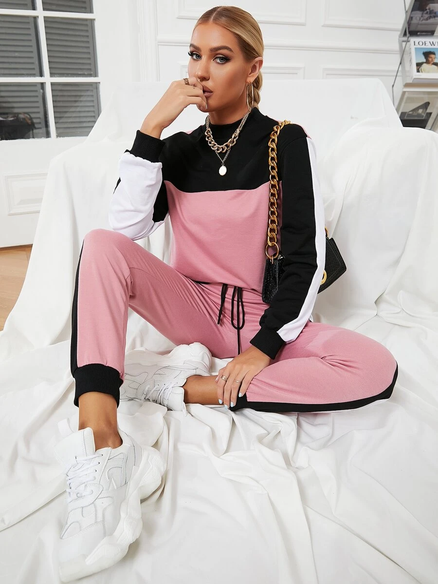 Bộ thời trang Dây rút giả Khối Màu Thể thao - Hồng - Xem 1