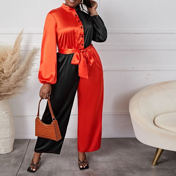 

Plus Two Tone Button Up Lantern Sleeve Belted Satin Jumpsuit, Multicolor