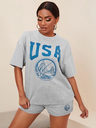 SHEIN SXY Drop Shoulder Letter Graphic Top & Shorts Set
