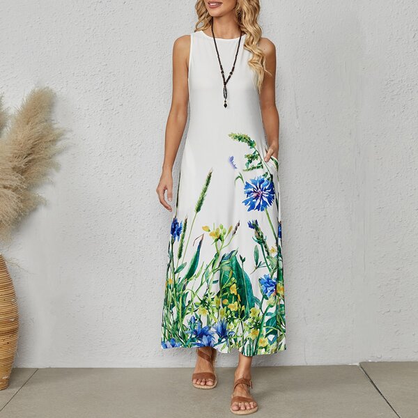 

Floral Pocket Side Tank Dress, White