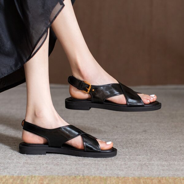 

Minimalist Cross Strap Leather Slingback Sandals, Black