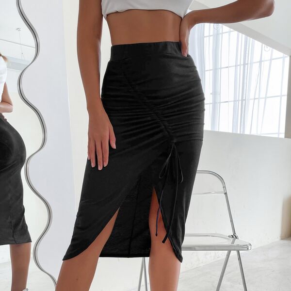 

Solid Drawstring Front Skirt, Black