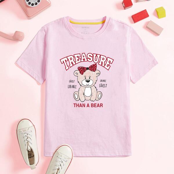 

Toddler Girls Cartoon & Letter Print Short Sleeve Tee, Pink