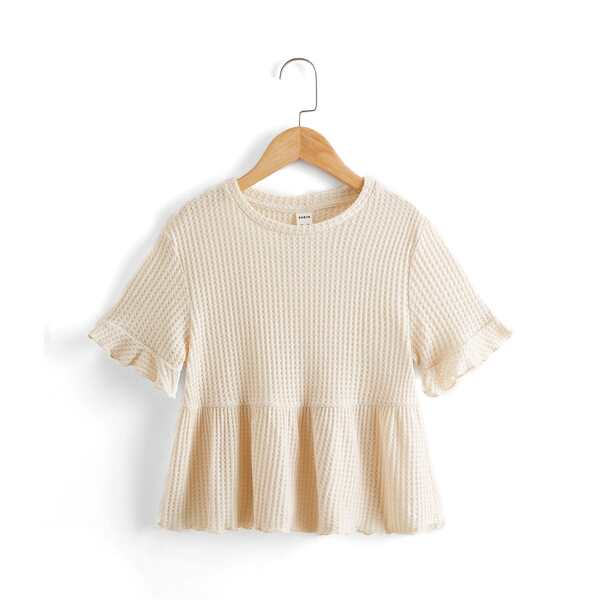 

Girls Waffle Knit Flounce Sleeve Ruffle Hem Tee, Apricot
