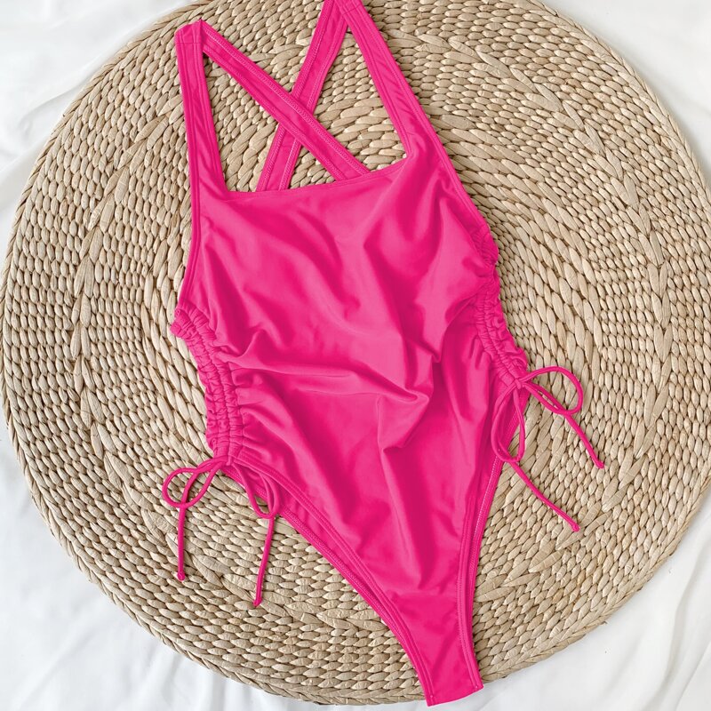 

Drawstring Side Cross Back One Piece Swimsuit, Hot pink
