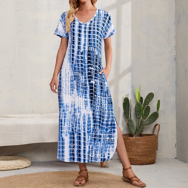 

Tie Dye Hidden Pocket Split Hem Dress, Blue and white