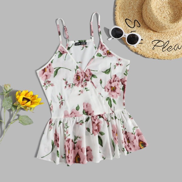 

Floral Surplice Front Peplum Cami Top, White