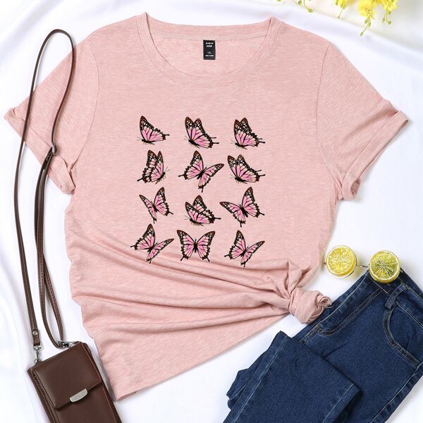 

Plus Butterfly Print Short Sleeve Tee, Pink