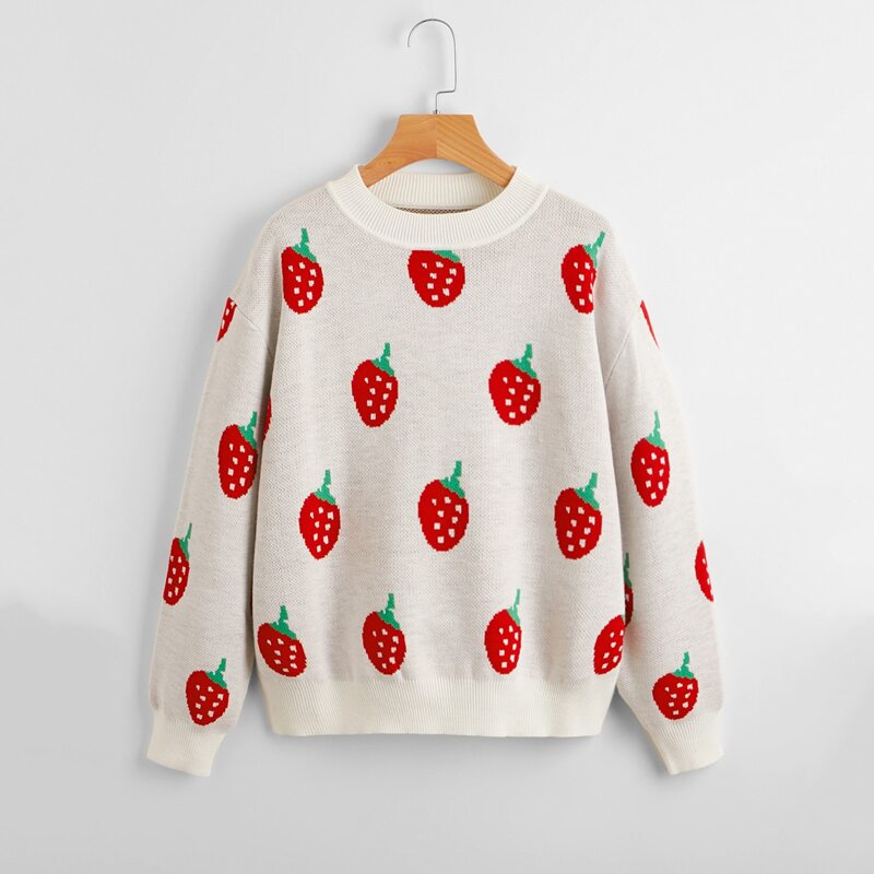 

Strawberry Pattern Drop Shoulder Sweater, Multicolor