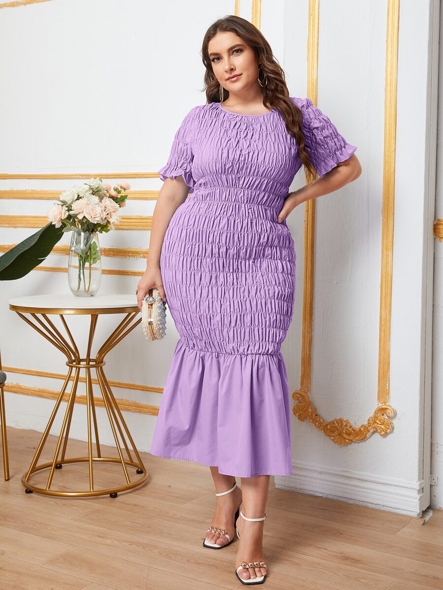 SHEIN Plus Flounce Sleeve Fishtail Hem Crinkle Dress - Lilac Purple - View 1