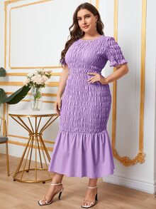 SHEIN Plus Flounce Sleeve Fishtail Hem Crinkle Dress - Lilac Purple - View 3