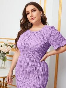 SHEIN Plus Flounce Sleeve Fishtail Hem Crinkle Dress - Lilac Purple - View 4