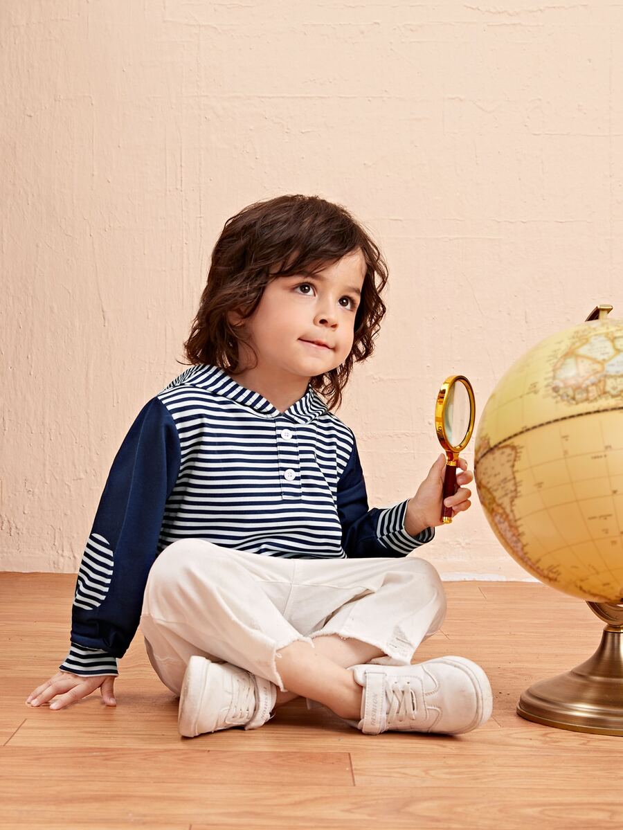 Áo nỉ bé trai Nút Đắp vá Sọc Giải trí - Xanh và trắng - Xem 1