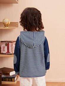 Áo nỉ bé trai Nút Đắp vá Sọc Giải trí - Xanh và trắng - Xem 2