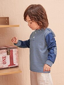 Áo nỉ bé trai Nút Đắp vá Sọc Giải trí - Xanh và trắng - Xem 3