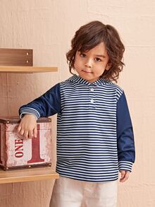 Áo nỉ bé trai Nút Đắp vá Sọc Giải trí - Xanh và trắng - Xem 4