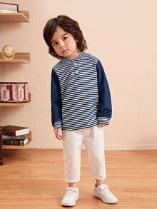 Áo nỉ bé trai Nút Đắp vá Sọc Giải trí - Xanh và trắng - Xem 5
