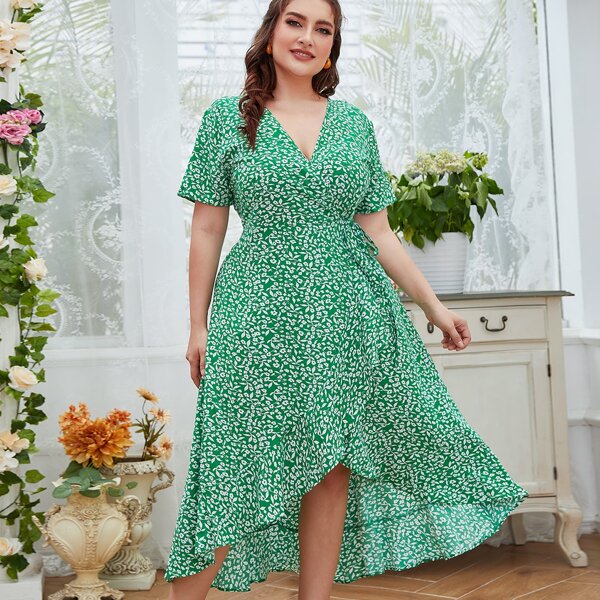 

Plus Ditsy Floral Ruffle Trim Tie Side Wrap Dress, Green