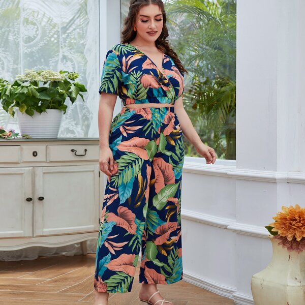 

Plus Tropical Print Crop Top & Wide Leg Pants, Multicolor