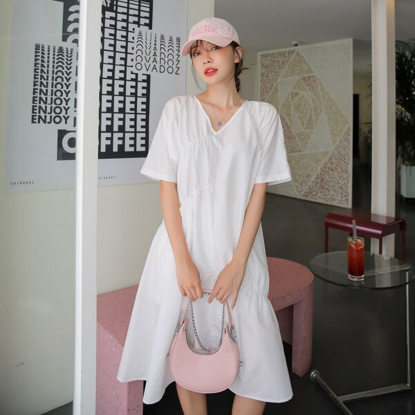 

Solid V-Neck Smock Dress, White