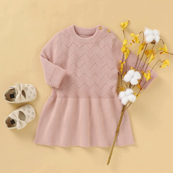

Baby Pointelle Knit Button Detail Ruffle Hem Sweater Dress, Pink