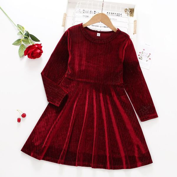

Girls Flare Hem Glitter Dress, Burgundy