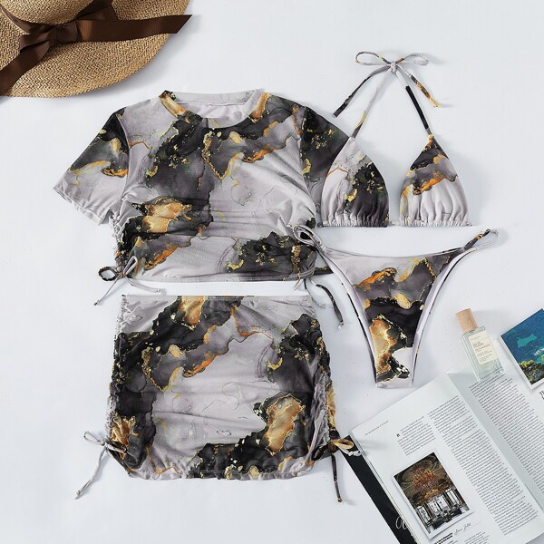 

4pack Marble Print Bikini Swimsuit & Cover Up Set, Multicolor