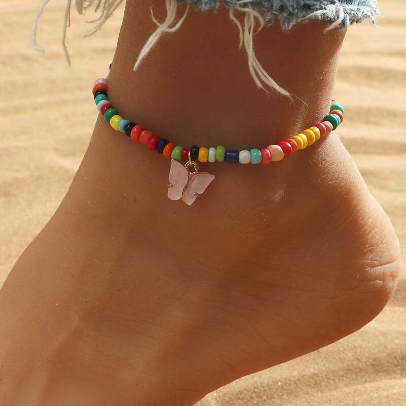 

Butterfly Charm Beaded Anklet, Multicolor