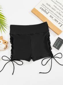 SHEIN Swim 側邊綁帶比基尼短褲 - 黑色 - 查看 4
