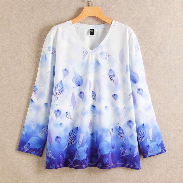 

Plus Plants Print V-neck Tee, Blue and white